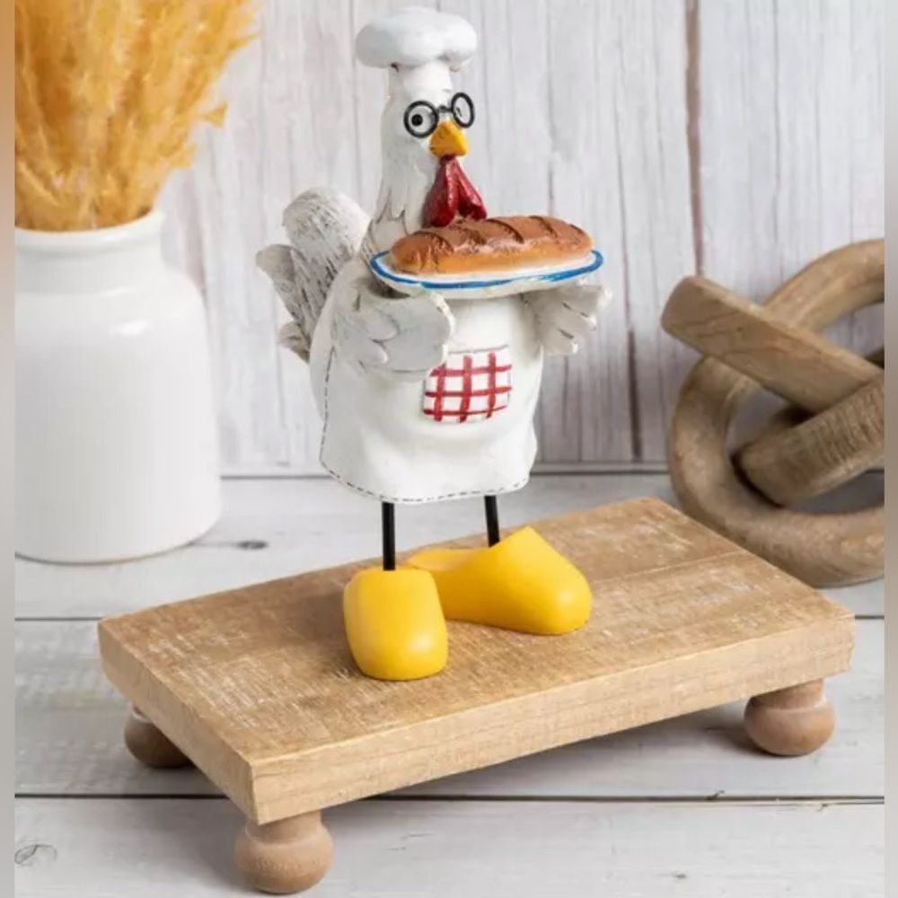 Quirky Chef Rooster Figurine with Bread Rooster Chef With Baguette Figurine